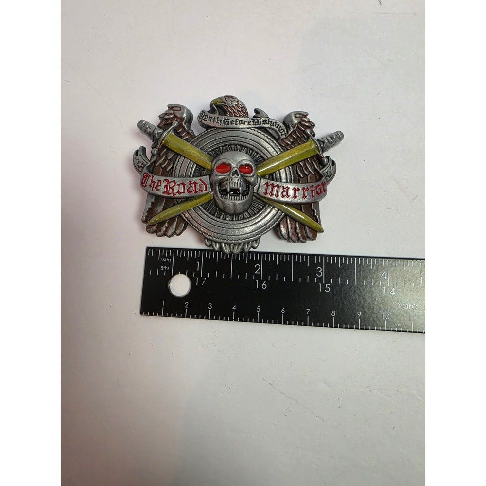 Vintage The Road Warrior Skull Eagle Belt Buckle Red Eye Biker Gothic Pewter